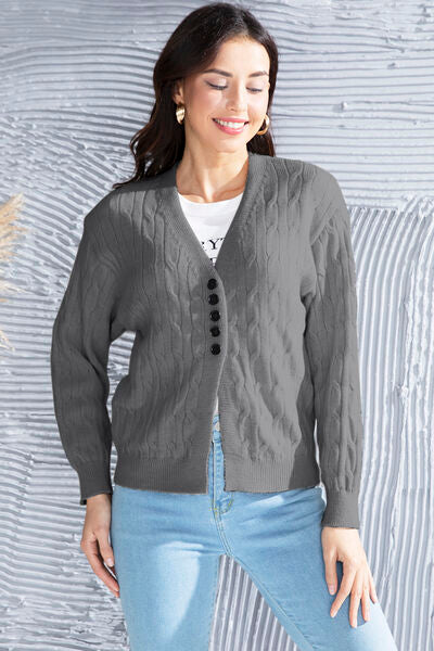 Blue Zone Planet | Cable-Knit Button Up Dropped Shoulder Cardigan BLUE ZONE PLANET