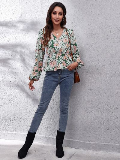 Floral V-Neck Balloon Sleeve Peplum Blouse BLUE ZONE PLANET
