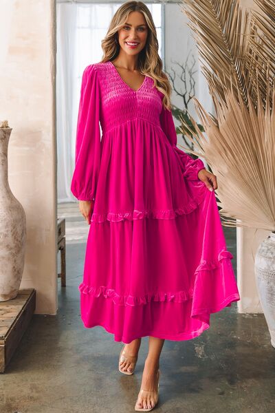 Blue Zone Planet | Frill V-Neck Balloon Sleeve Tiered Dress BLUE ZONE PLANET