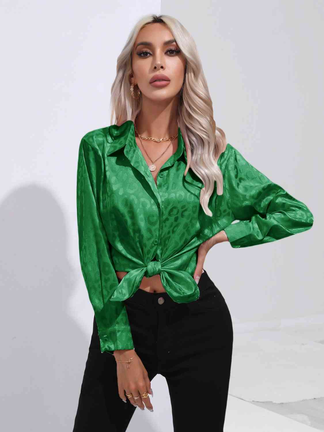 Printed Collared Neck Buttoned Shirt BLUE ZONE PLANET