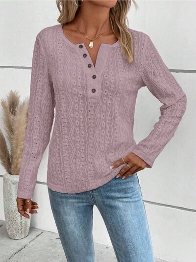 Blue Zone Planet | Openwork Half Button Long Sleeve Blouse BLUE ZONE PLANET