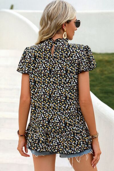 Blue Zone Planet | Ditsy Floral Mock Neck Short Sleeve T-Shirt BLUE ZONE PLANET