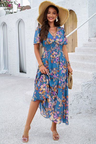 Blue Zone Planet | Smocked Floral V-Neck Short Sleeve Dress BLUE ZONE PLANET