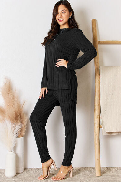 Blue Zone Planet | Basic Bae Full Size Ribbed Round Neck High-Low Slit Top and Pants Set BLUE ZONE PLANET