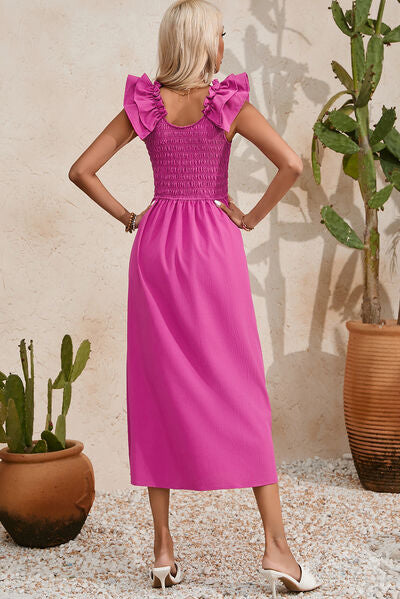 Smocked Ruffled Scoop Neck Midi Dress BLUE ZONE PLANET