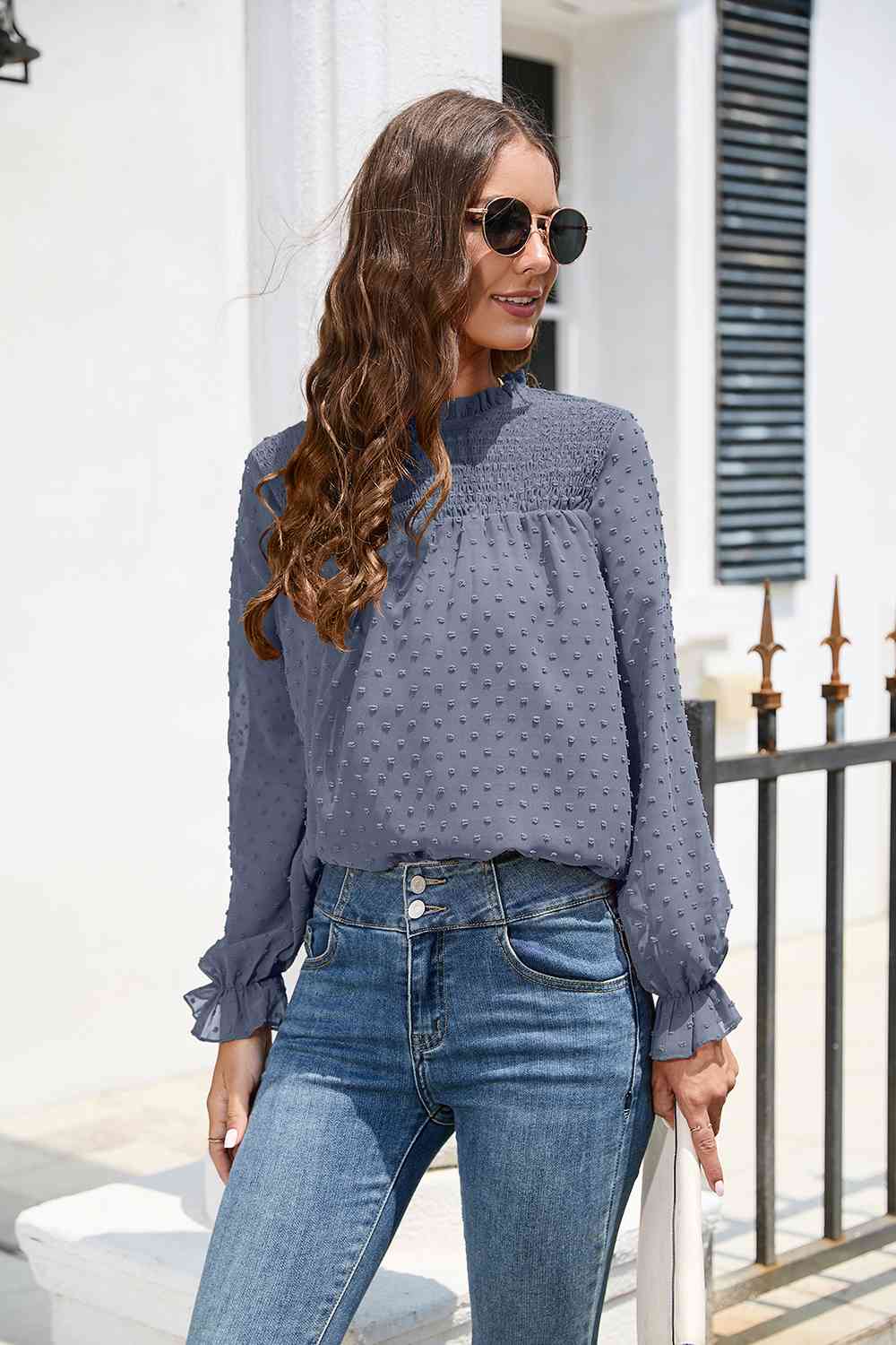 Smocked Mock Neck Swiss Dot Top BLUE ZONE PLANET