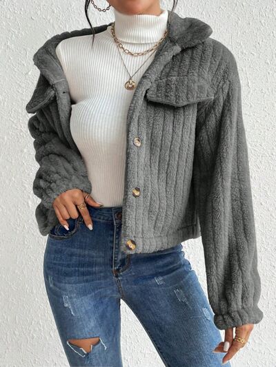 Blue Zone Planet | Fuzzy Button Up Collared Neck Jacket BLUE ZONE PLANET
