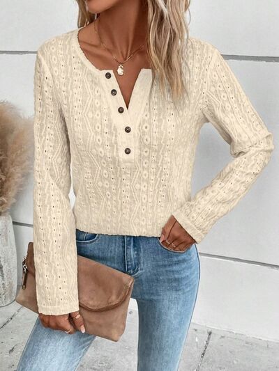 Blue Zone Planet | Openwork Half Button Long Sleeve Blouse BLUE ZONE PLANET