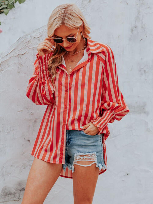 Striped Collared Neck Lantern Sleeve Shirt BLUE ZONE PLANET
