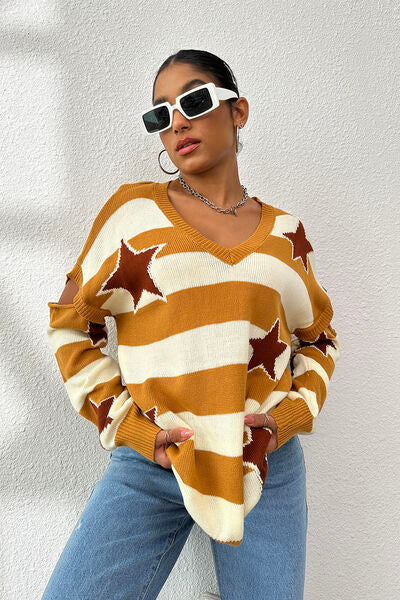 Blue Zone Planet | Star Pattern V-Neck Cutout Sweater BLUE ZONE PLANET