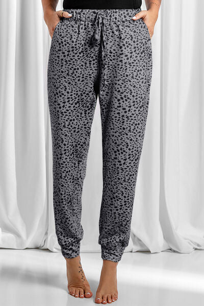 Blue Zone Planet | Full Size Leopard Drawstring Pocketed Pants BLUE ZONE PLANET