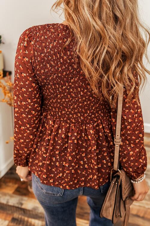 Floral Smocked Ruffle Hem Long Sleeve Blouse BLUE ZONE PLANET