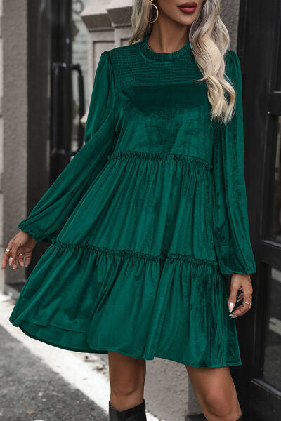 Smocked Balloon Sleeve Frill Trim Tiered Dress BLUE ZONE PLANET