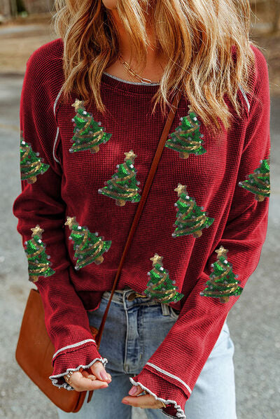 Blue Zone Planet | Christmas Tree Sequin Waffle Knit Long Sleeve Sweatshirt BLUE ZONE PLANET