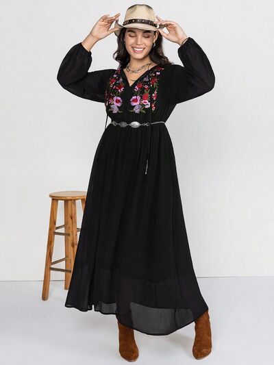 Plus Size Embroidered Tie Neck Long Sleeve Dress BLUE ZONE PLANET