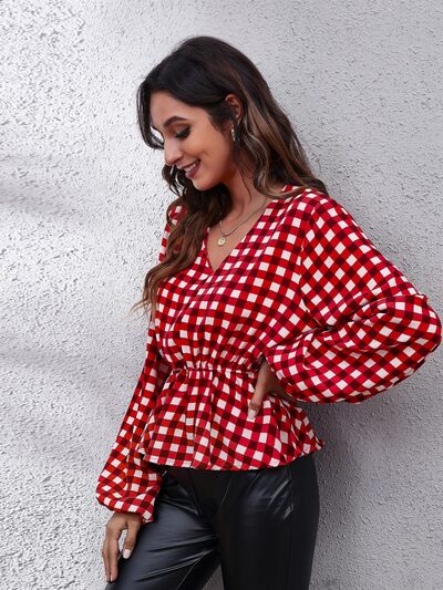 Plaid V-Neck Balloon Sleeve Peplum Blouse BLUE ZONE PLANET