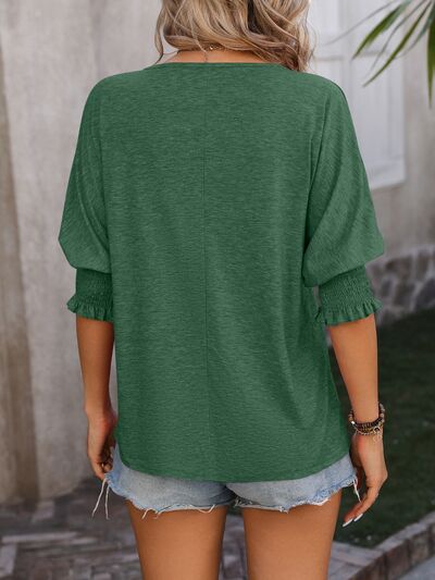 Heathered Notched Lantern Sleeve Blouse Trendsi