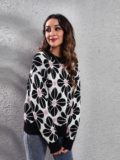 Floral Round Neck Long Sleeve Sweater BLUE ZONE PLANET