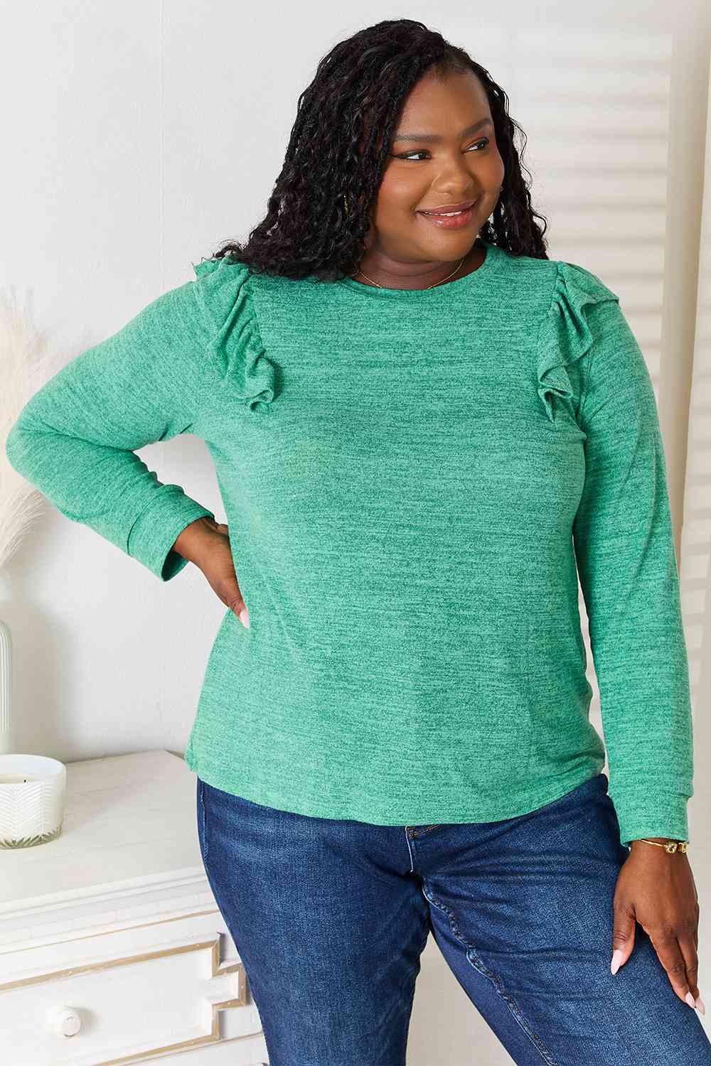 Double Take Ruffle Shoulder Long Sleeve T-Shirt BLUE ZONE PLANET