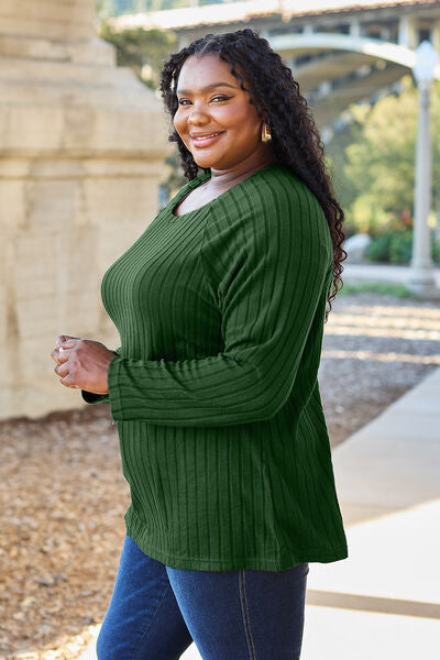 Basic Bae Full Size Ribbed Round Neck Long Sleeve Knit Top BLUE ZONE PLANET