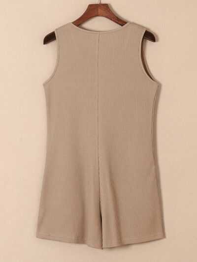 Waffle-Knit Half Button Sleeveless Romper with Pockets Trendsi
