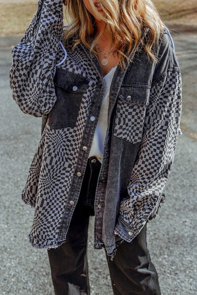 Plaid Snap Down Raw Hem Drawstring Hooded Jacket BLUE ZONE PLANET