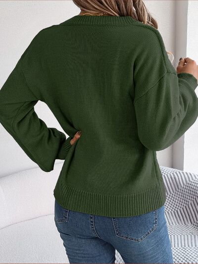 Blue Zone Planet | Cable-Knit Buttoned V-Neck Sweater BLUE ZONE PLANET