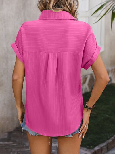 Textured Button Up Cap Sleeve Shirt Trendsi