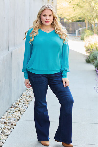 Blue Zone Planet | Basic Bae Full Size V-Neck Lantern Sleeve Blouse BLUE ZONE PLANET