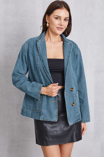 Pocketed Button Up Denim Jacket Trendsi