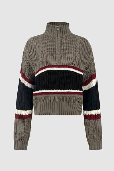 Blue Zone Planet | Cable-Knit Striped Quarter Zip Turtleneck Sweater BLUE ZONE PLANET