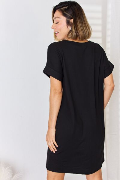 Zenana Full Size Rolled Short Sleeve V-Neck Dress BLUE ZONE PLANET