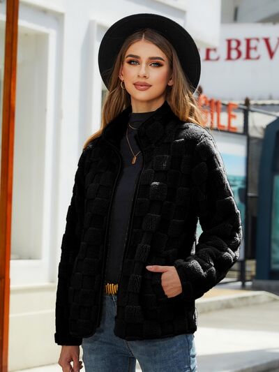 Blue Zone Planet | Fuzzy Checkered Zip Up Jacket BLUE ZONE PLANET