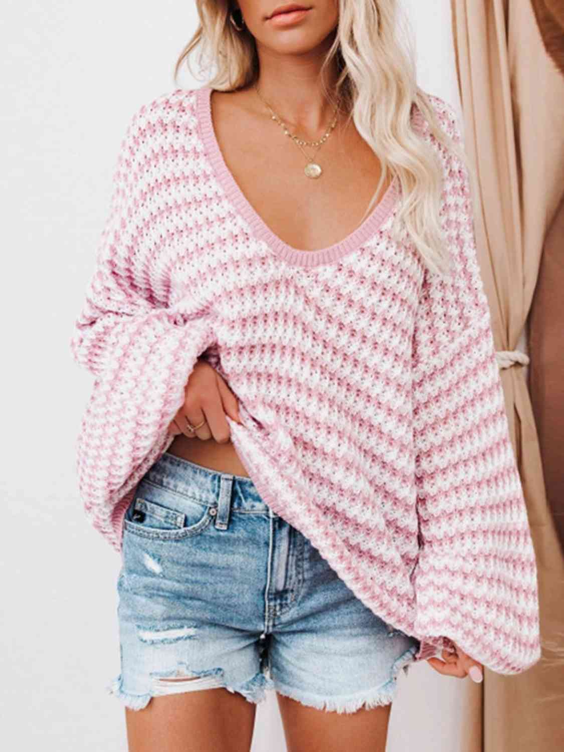 Striped Drop Shoulder V-Neck Sweater BLUE ZONE PLANET