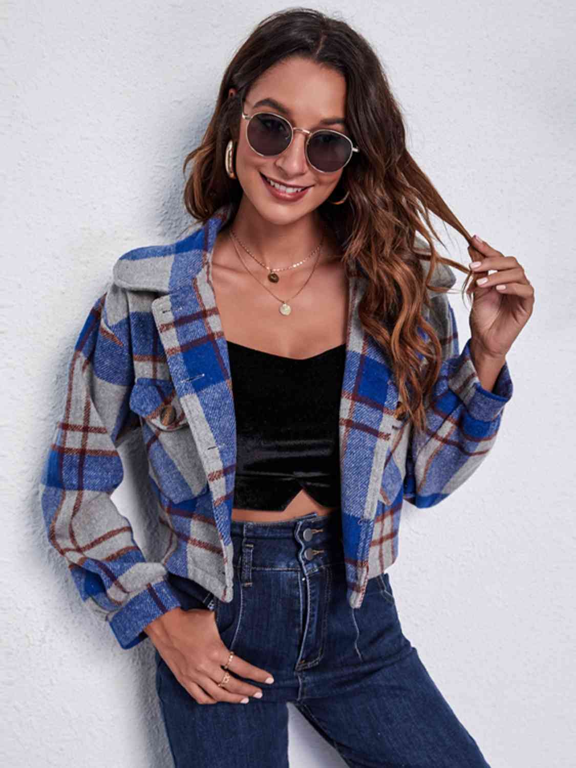Plaid Button Front Jacket with Pockets BLUE ZONE PLANET