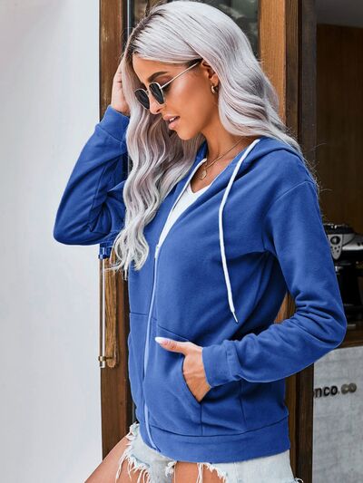 Drawstring Zip Up Hooded Jacket BLUE ZONE PLANET