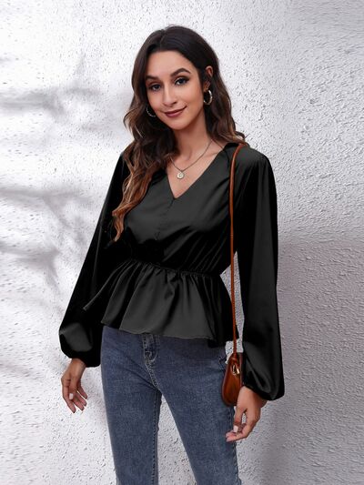 V-Neck Balloon Sleeve Peplum Blouse BLUE ZONE PLANET