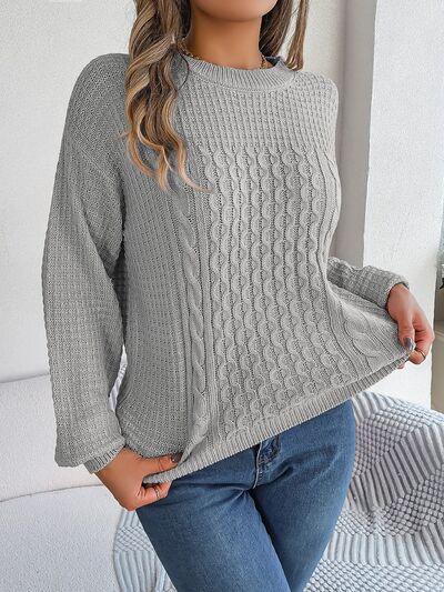Blue Zone Planet | Cable-Knit Round Neck Long Sleeve Sweater BLUE ZONE PLANET