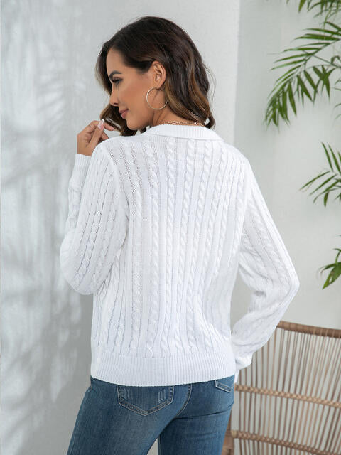 Johnny Collar Cable-Knit Long Sleeve Sweater BLUE ZONE PLANET