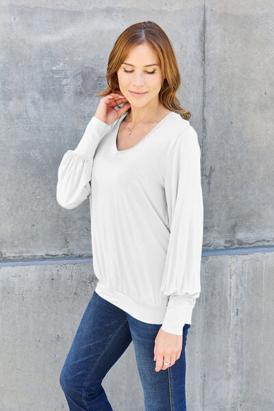 Blue Zone Planet | Basic Bae Full Size V-Neck Lantern Sleeve Blouse BLUE ZONE PLANET