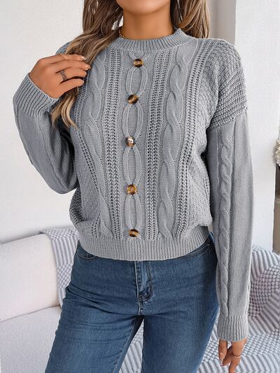 Blue Zone Planet | Cable-Knit Buttoned Round Neck Sweater BLUE ZONE PLANET