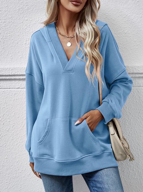V-Neck Drop Shoulder Long Sleeve Hoodie BLUE ZONE PLANET