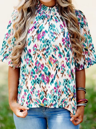 Printed Mock Neck Half Sleeve Blouse BLUE ZONE PLANET