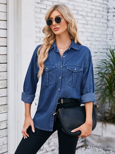 Blue Zone Planet | Button Up Collared Neck Denim Jacket BLUE ZONE PLANET