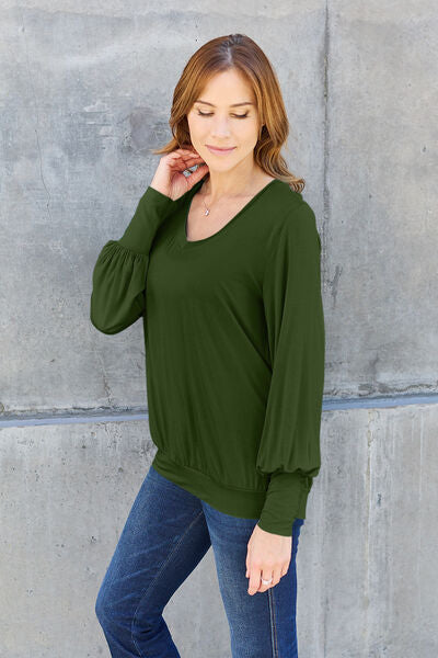 Blue Zone Planet | Basic Bae Full Size V-Neck Lantern Sleeve Blouse BLUE ZONE PLANET