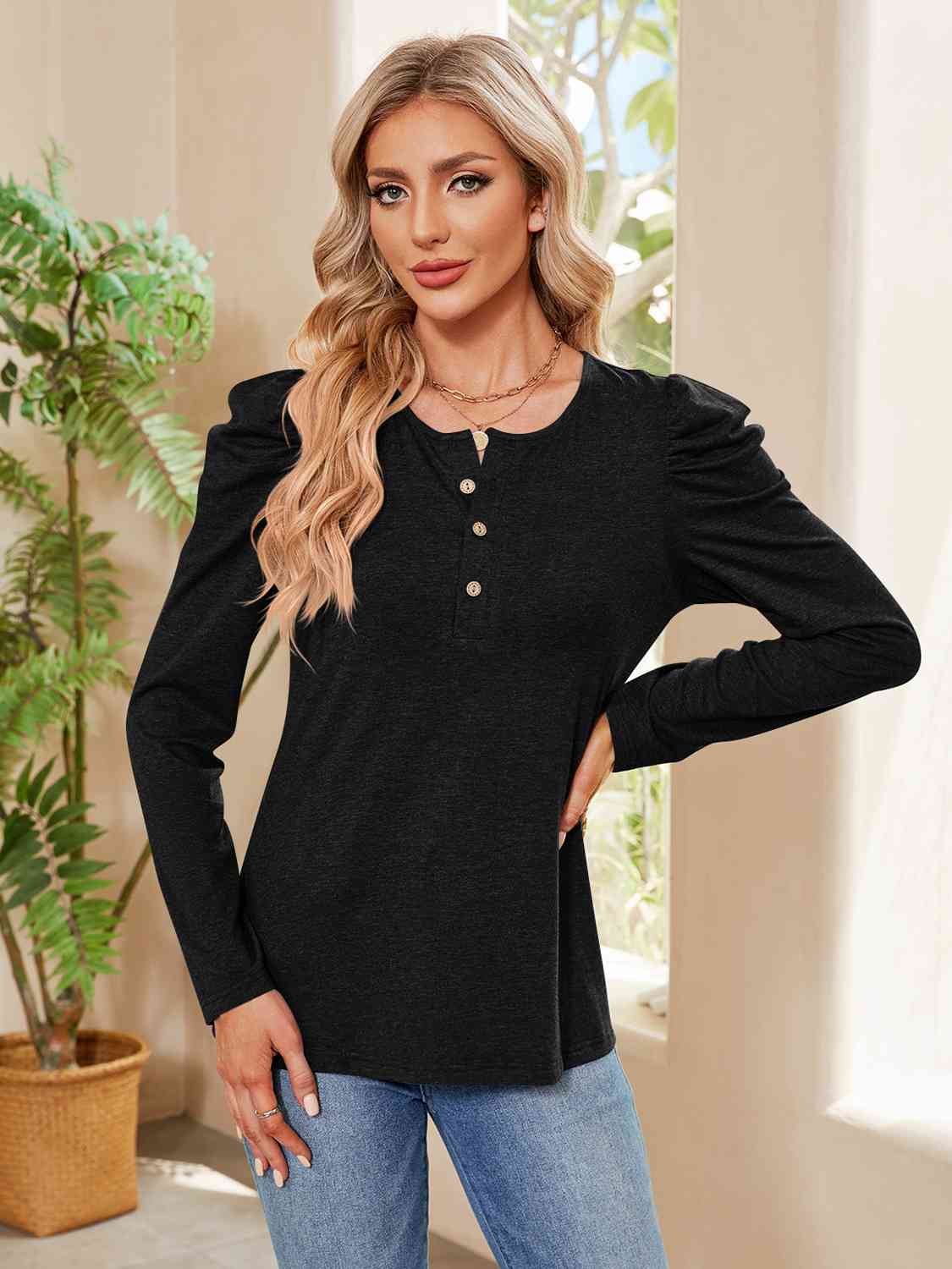 Buttoned Round Neck Puff Sleeve T-Shirt BLUE ZONE PLANET