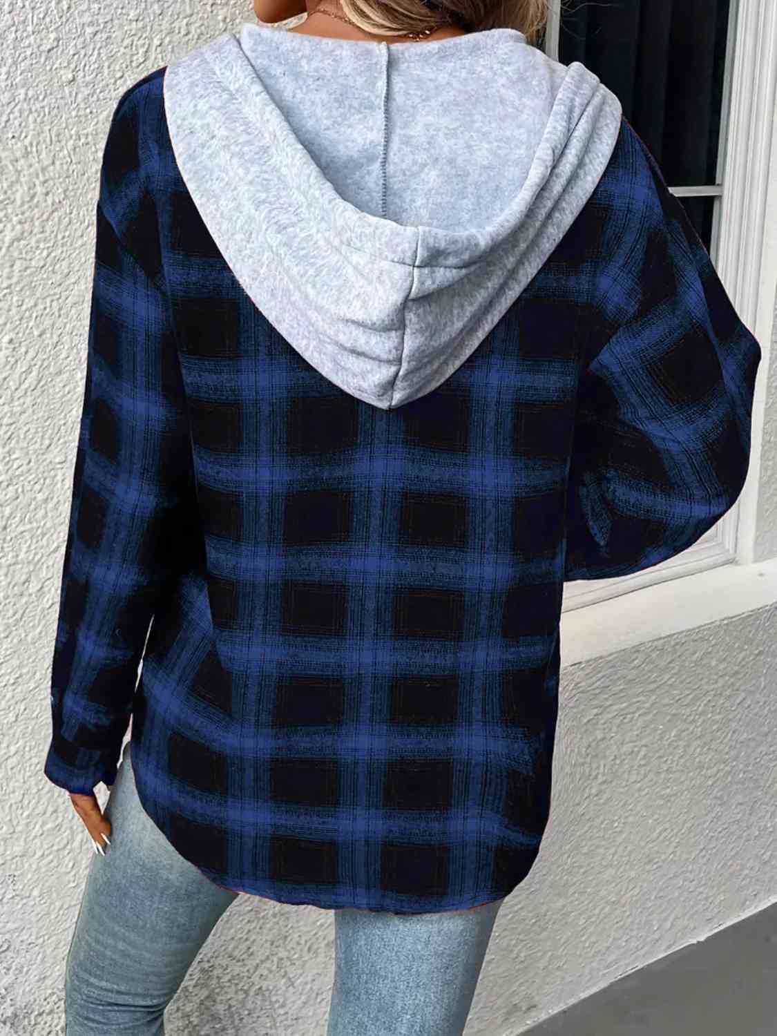 Plaid Drawstring Button Up Hooded Jacket BLUE ZONE PLANET
