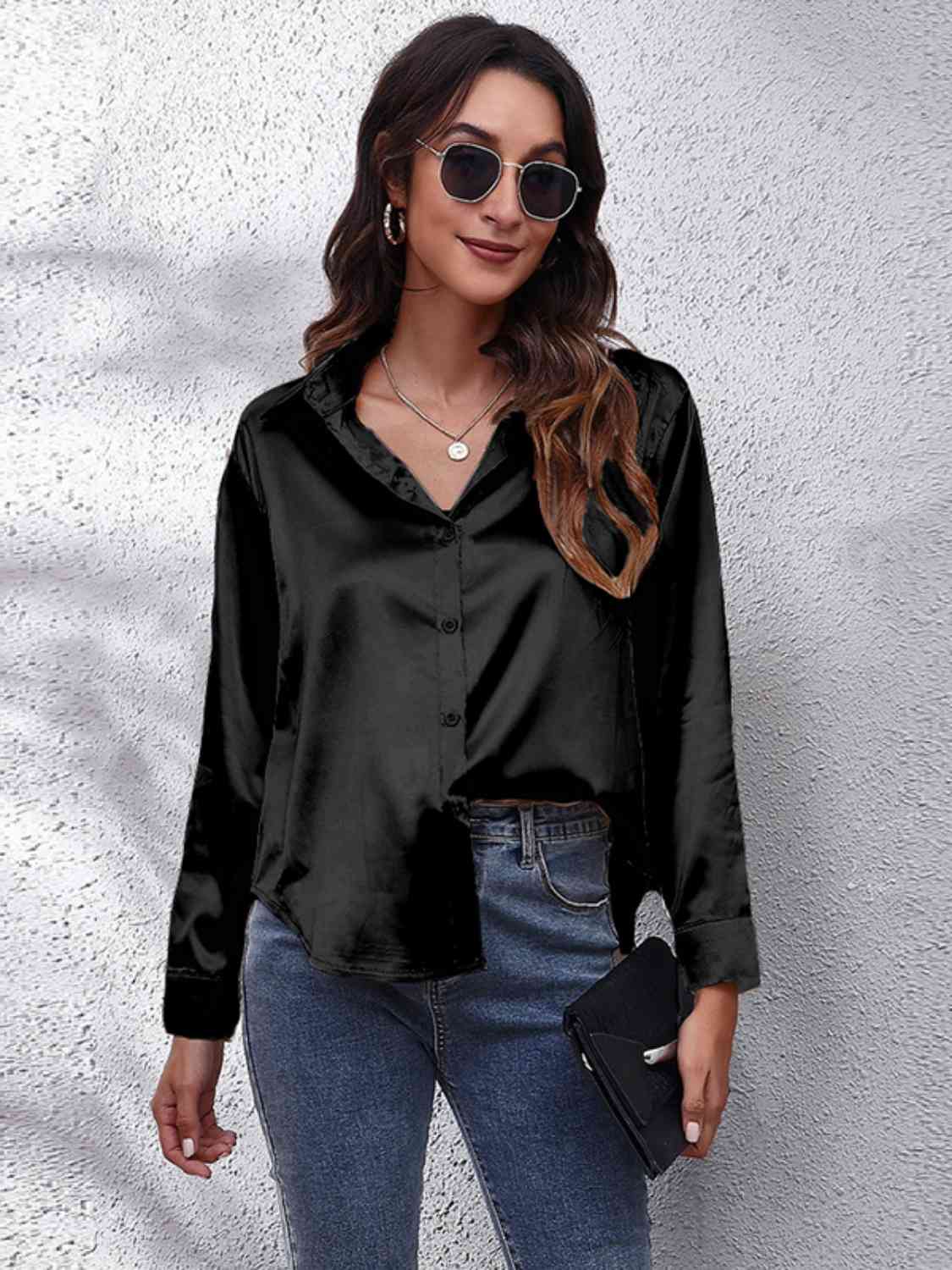Collared Neck Buttoned Long Sleeve Shirt BLUE ZONE PLANET