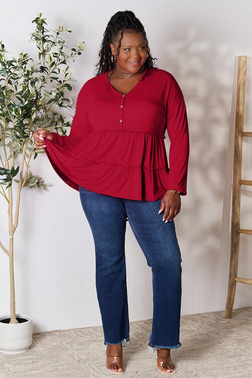 Double Take Half Button Long Sleeve Ruffle Hem Blouse BLUE ZONE PLANET