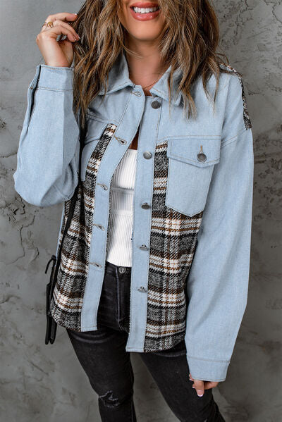 Blue Zone Planet | Plaid Pocketed Button Up Denim Jacket BLUE ZONE PLANET